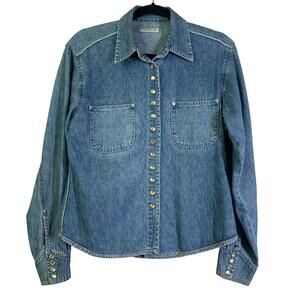 BEBE Shirt Medium Vintage Denim Pearl Snap Chest Pockets 3 Snap Cuff Western